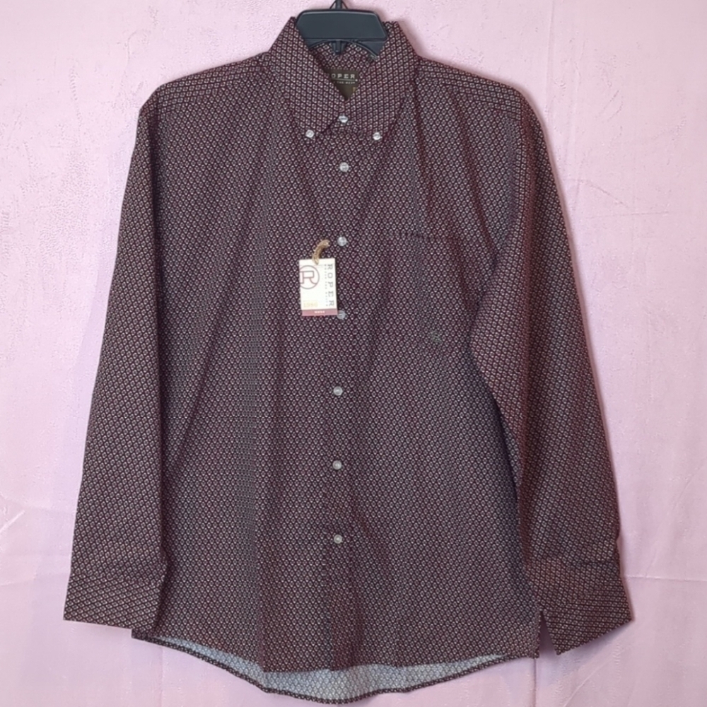 Roper Maroon Patterned Button Down Long Sleeve Shirt size Medium